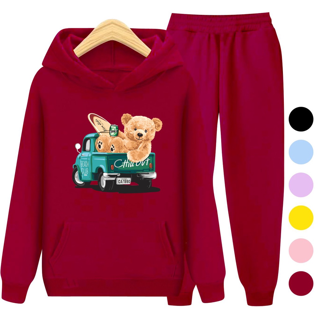 Setelan Sweater Anak + Celana TEDDY TRUCK / Set Sweater Hoodie Anak Laki - Laki Perempuan Kekinian Viral Terbaru