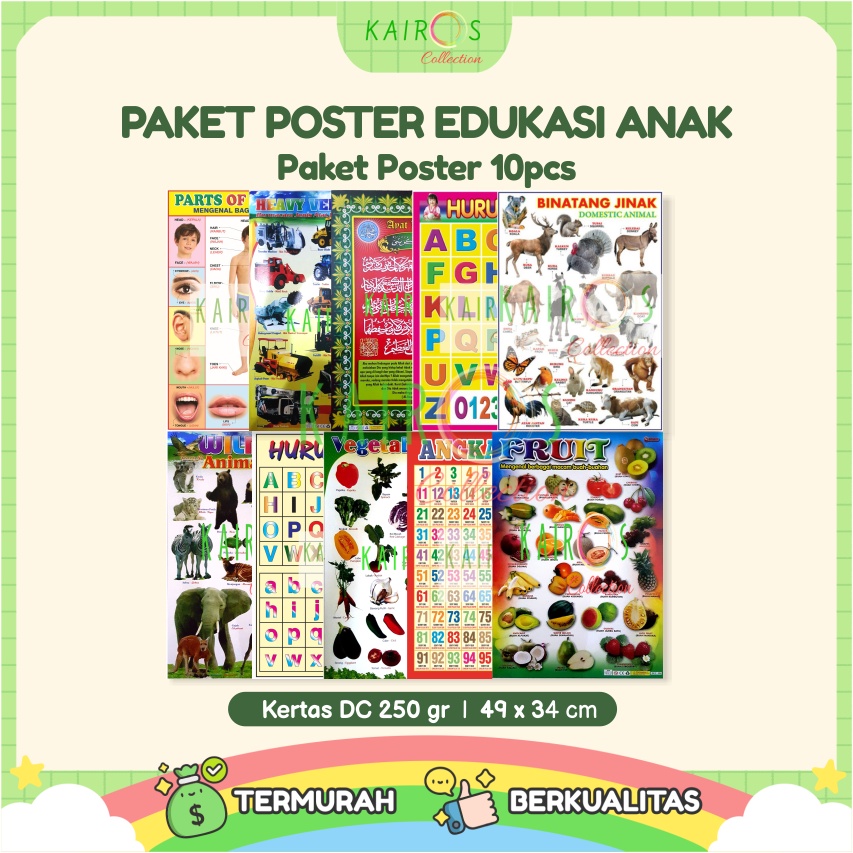 Paket 10 Poster Anak Edukasi Huruf, Angka, Hijaiyah, Binatang, Buah, Kendaraan