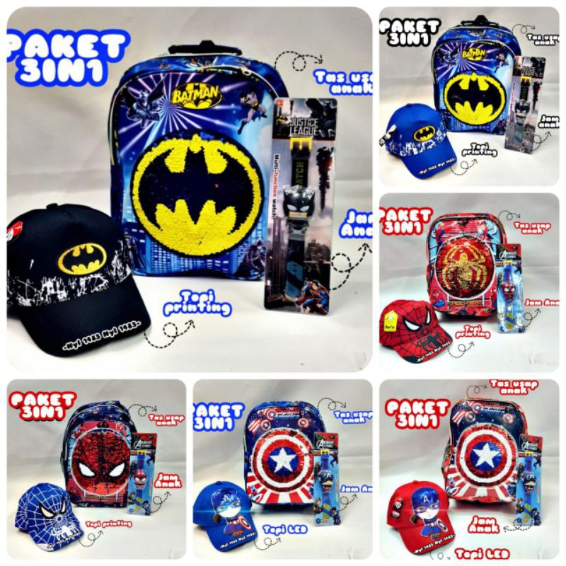 Tas ransel anak usap 2 gambar karakter superhero gratis topi jam tangan - Tas anak