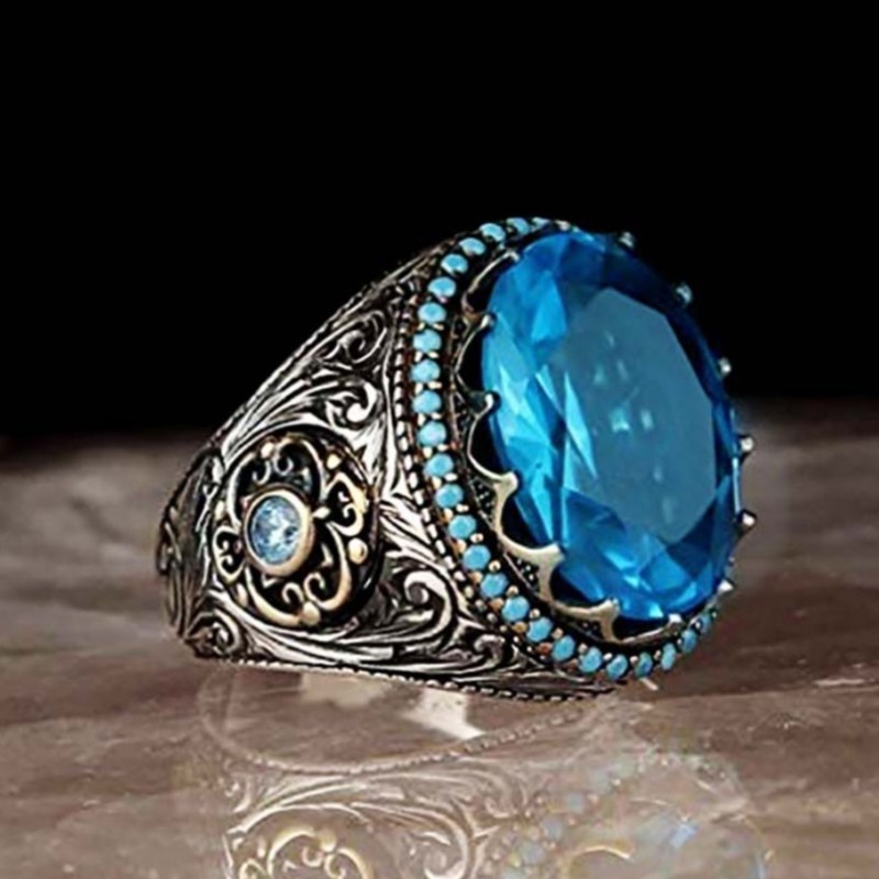 [Cherrye] Cincin Pria Mutiara Biru Safir Fashion Jewelry Kristal Berlian Baja Titanium Perak Antik Rings