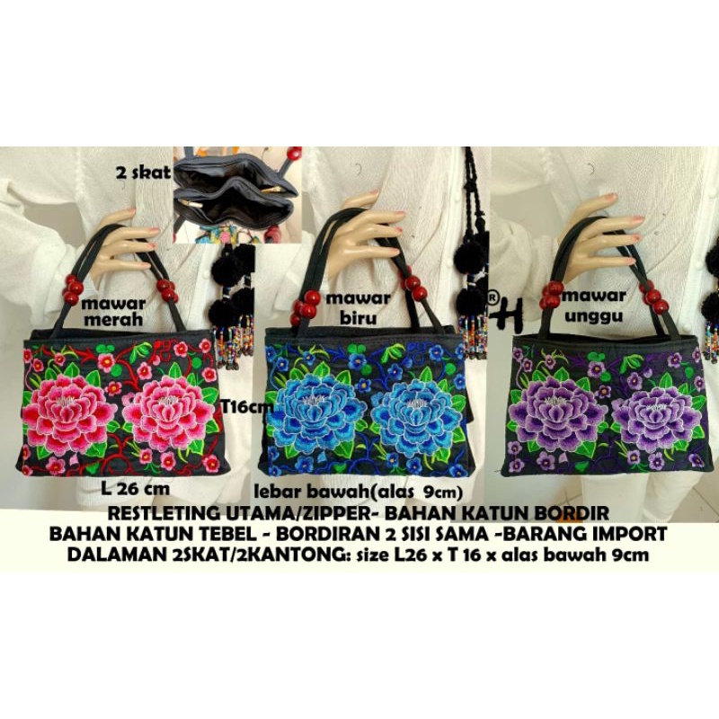 Tas tenteng bordir Thailand mawar dan merak oleh-oleh souvenir import Bangkok
