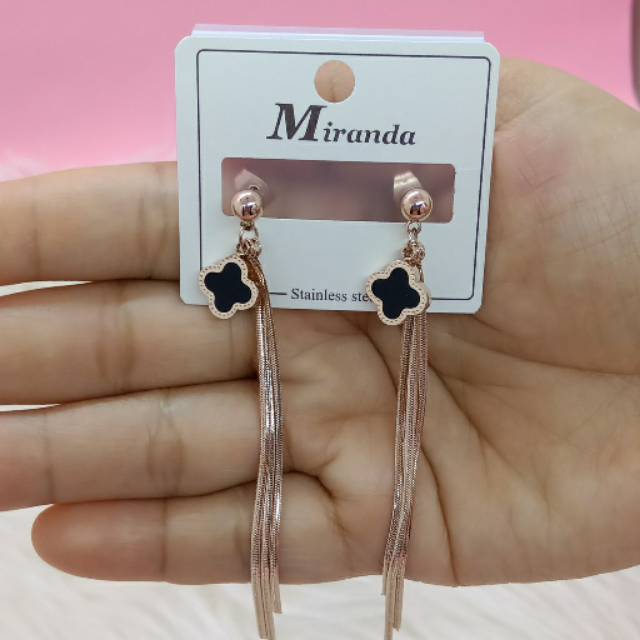 Anting Titanium L* Gantung Panjang Aksen Daun Semanggi Rose Gold Dan Gold