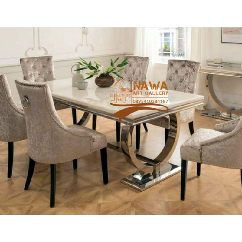 Meja makan modern top marmer | Furniture Jepara