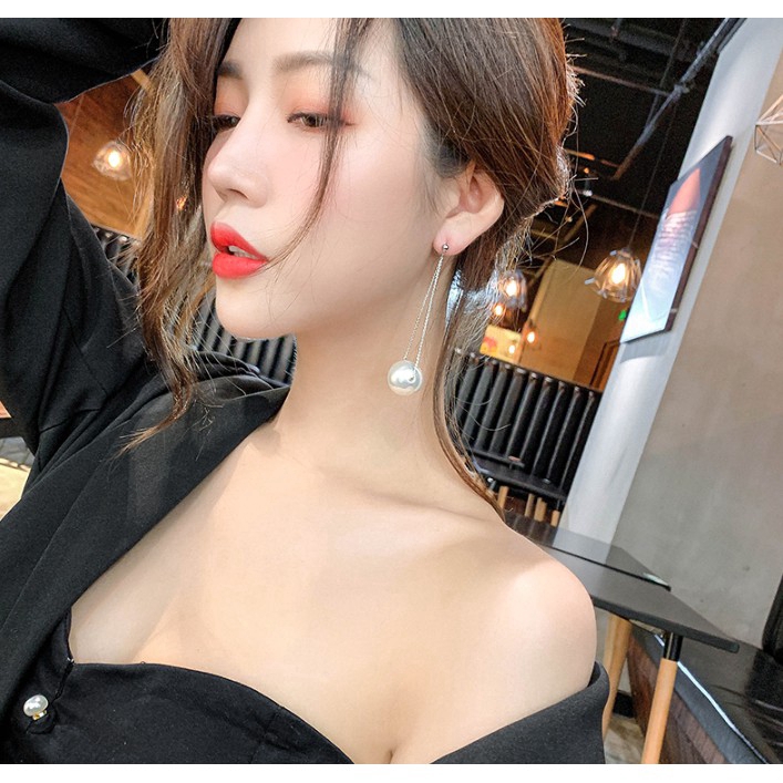 Anting tusuk style korea wanita kekinian model rantai panjang bergantung mutiara  381