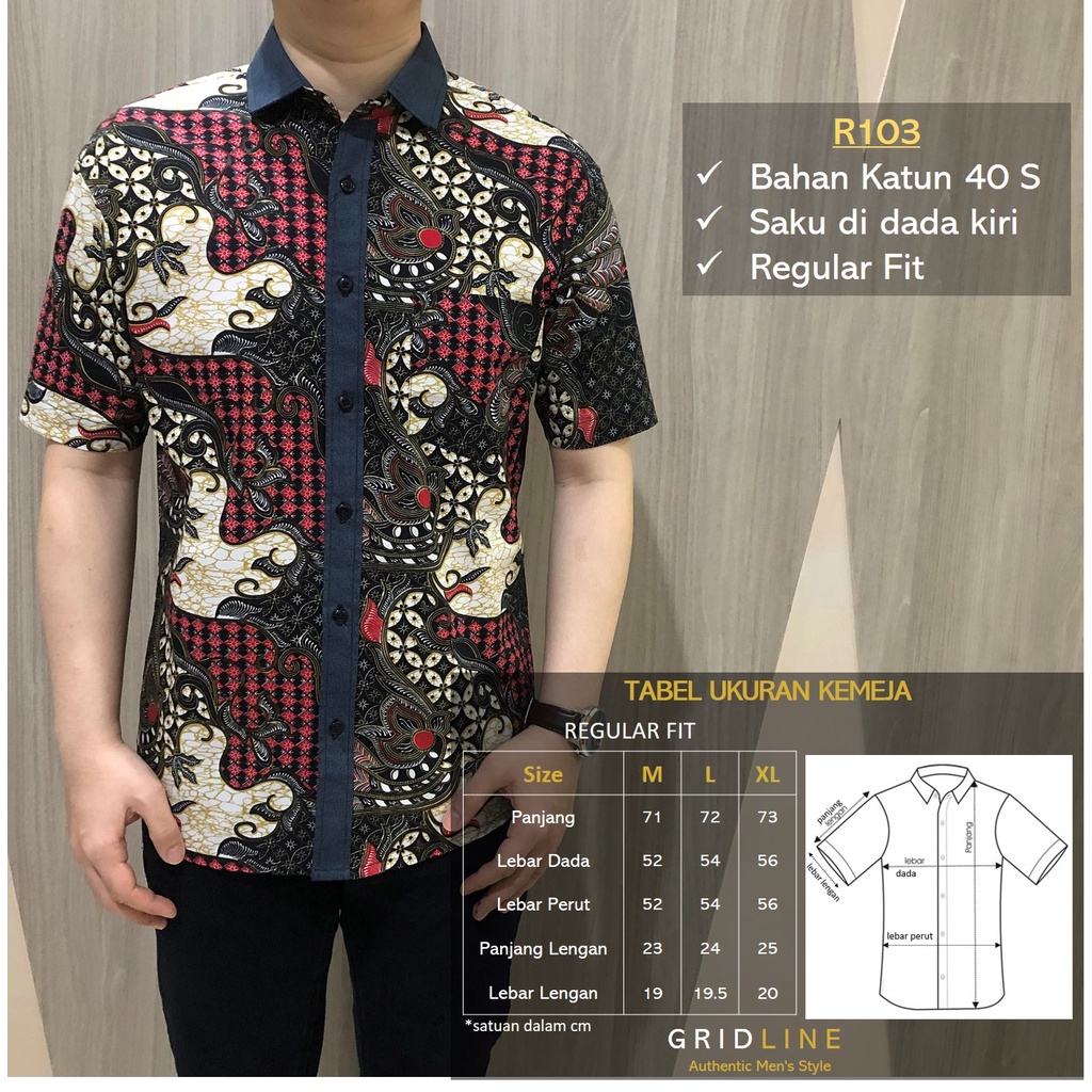 [GRIDLINE - R103 White Red] Kemeja Batik Pria Katun Lengan Pendek Regular Modern Adem Casual