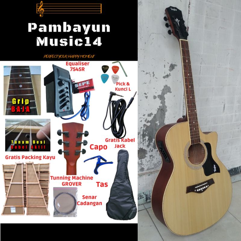 GITAR AKUSTIK ELEKTRIK TAYYLOR Custom GRATIS KABEL JACK &amp;  PACKING KAYU