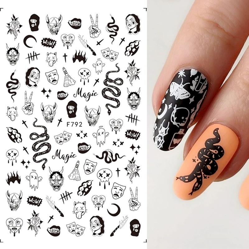 Stiker Kuku Motif Tengkorak / Laba-Laba / Mawar Untuk Dekorasi Nail Art / Pesta Halloween