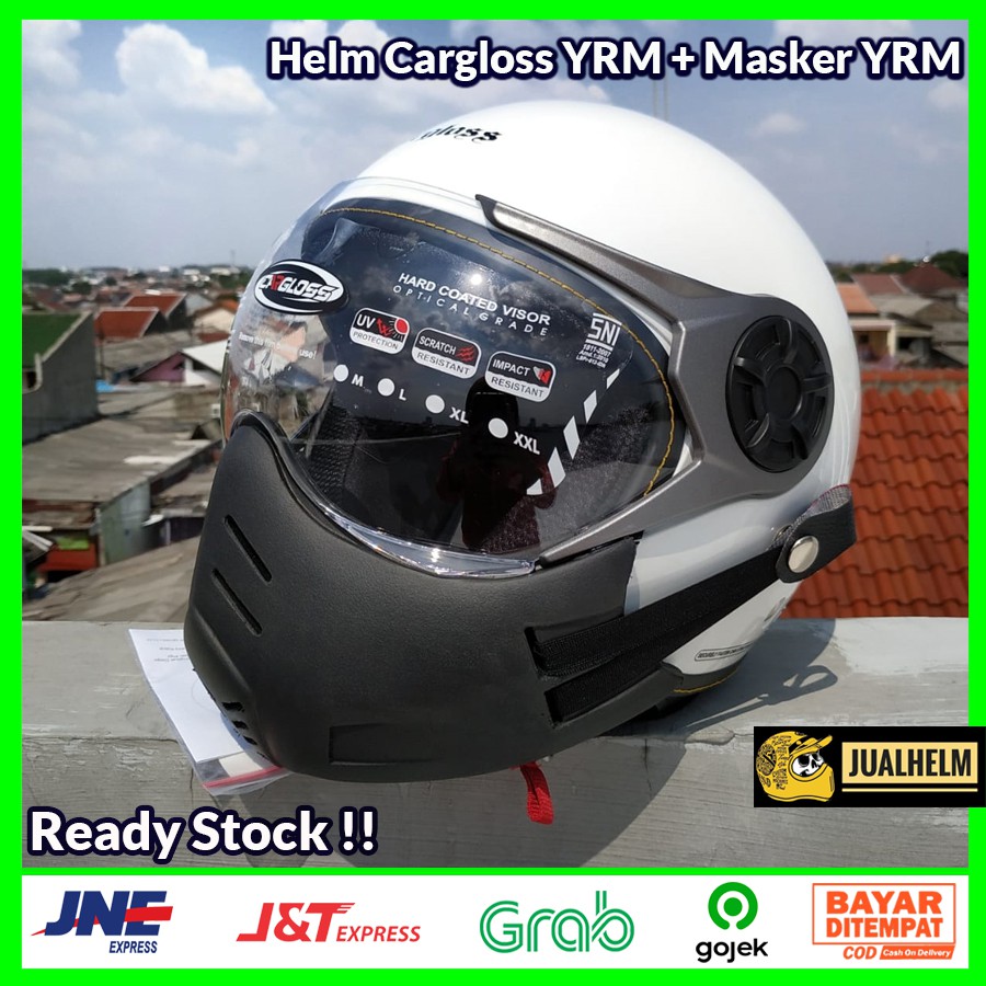 Paket Helm Cargloss YRM White Glossy + Masker PU YRM ( Mask / Bogo / Retro / Vespa / Klasik )