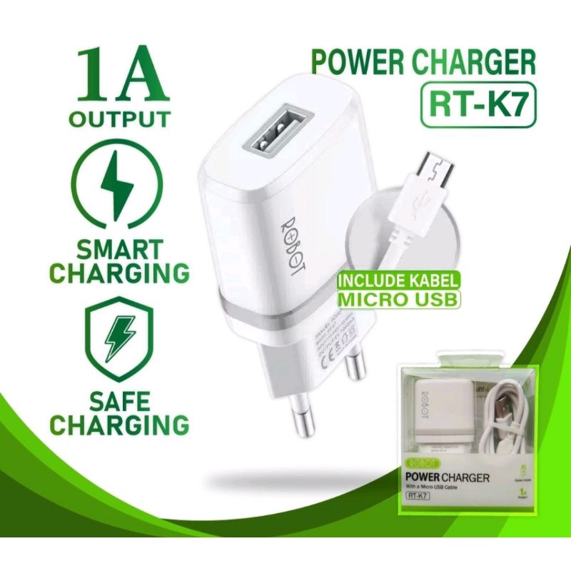 Tc Charger cas casan Robot RT K7 Quick Charge 5V / 1A Fire proof charger with Micro USB cable