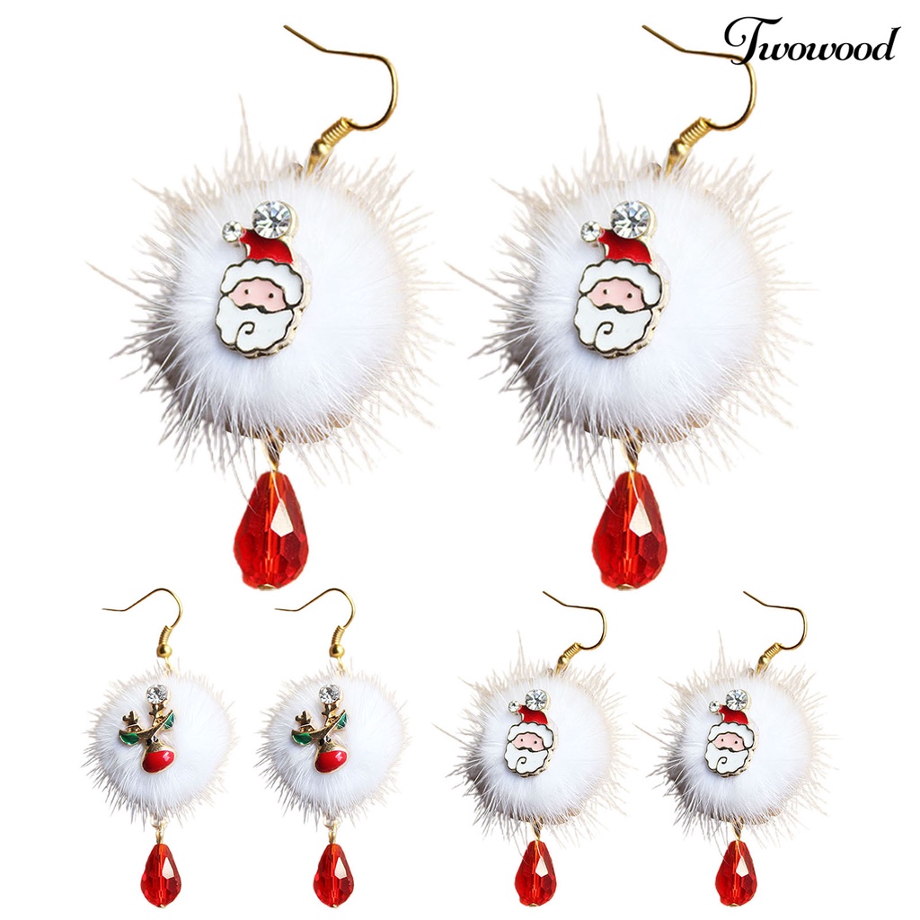 Twowood 1 Pair White Plush Ball Red Rhinestone Xmas Earrings Alloy Santa Claus Elk Pendant Hook Earrings Fashion Jewelry