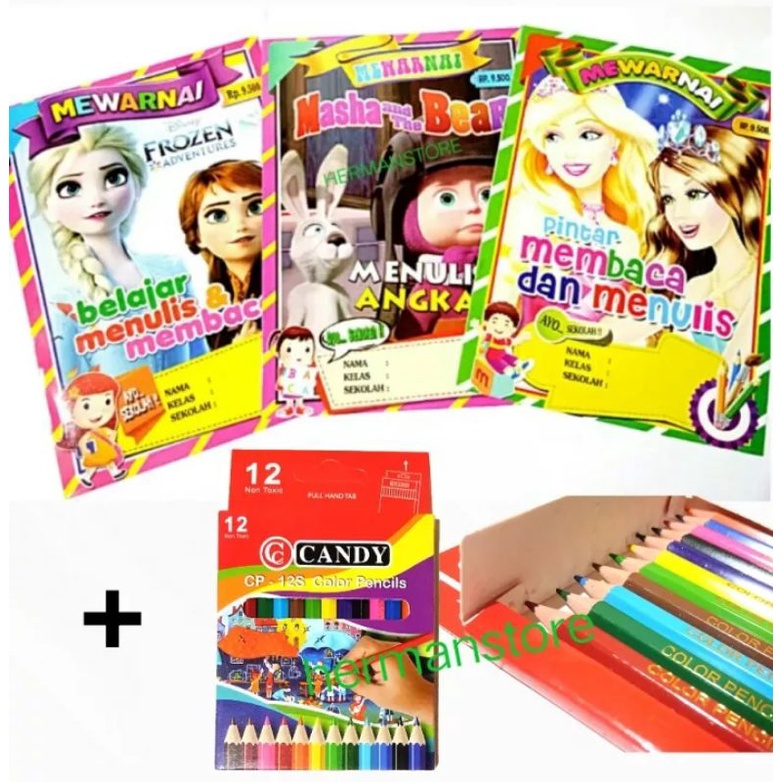 

BUKU MEWARNAI 3 pcs + BONUS PENSIL WARNA 12 WARNA / FROZEN, MARSHA AND THE BEAR, BARBIE