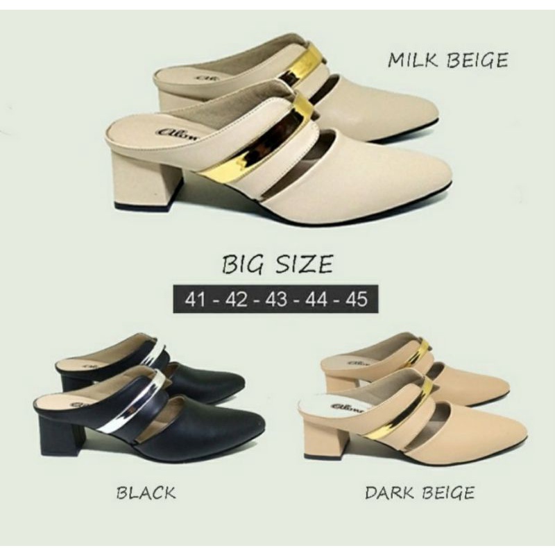 Original, Higheels Slop Wanita Ukuran LUAR Negri 41-45 Bigsize Bustong ALN-119 Kremhi JUMBO Kaki Gemuk/ Sendal Sepatu Formal Krem, 45