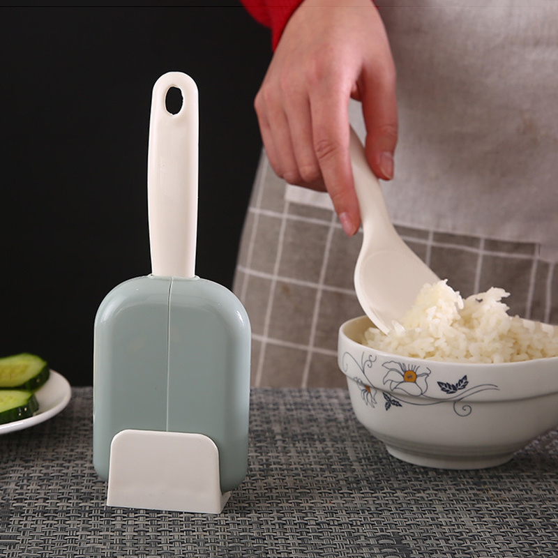 Non-stick Rice Spoon Automatic Open Close Paddle Scoop Dustproof Rice Spoon Storage Rack Set Kitchen Flatware Tool