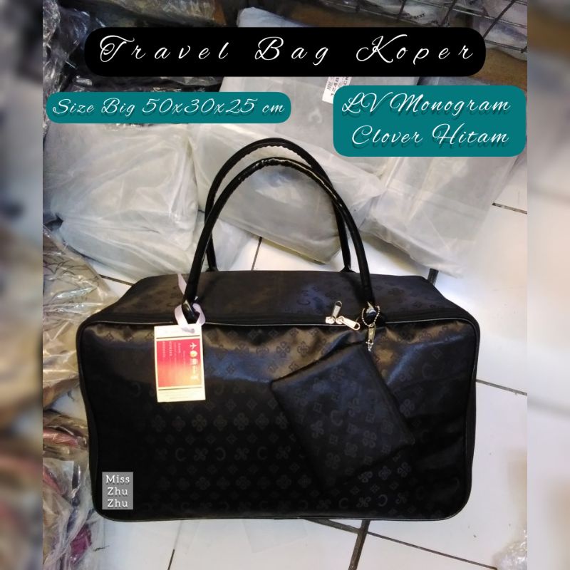 Travel Bag Koper LV Clover glossy black big size _ TBK LV clover hoki hitam ujuran besar jumbo