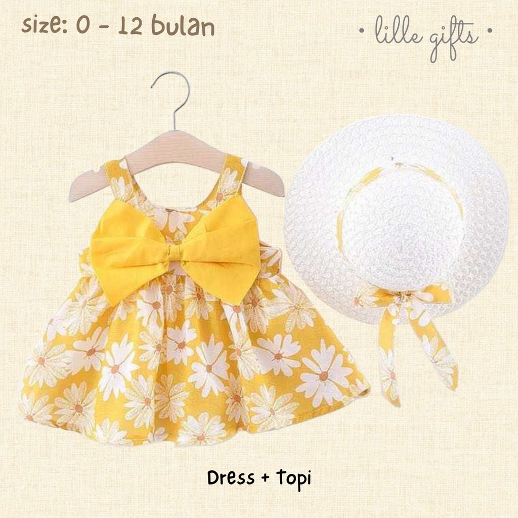 Summer Set - Dress Topi Setelan Baju Bayi Perempuan - Size Baby 0 - 12 Bulan - Lillegifts