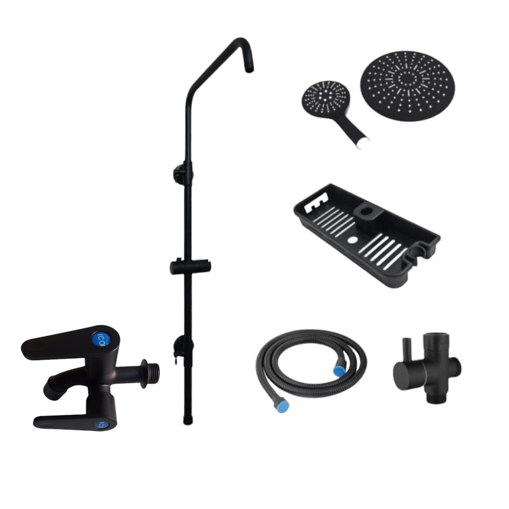 shower tiang hitam bulat bano / shower set hitam bulat + kran cabang