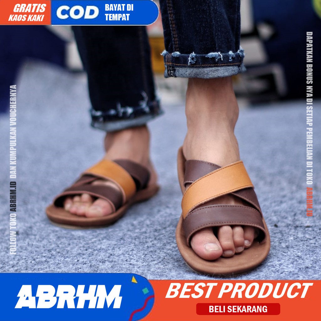 ABRHM X POLET Sandal Slide Pria Sandal Slop Pria Kulit Asli Sendal Selop Cowok / Cowo Ori Kekinian