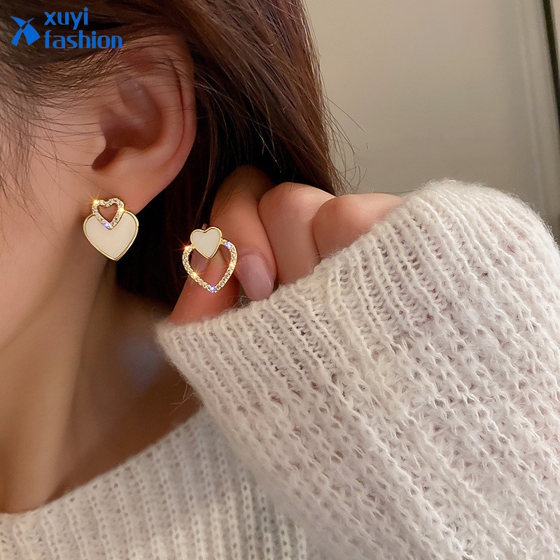 Anting Stud Kristal Bentuk Hati Model Hollow Untuk Wanita