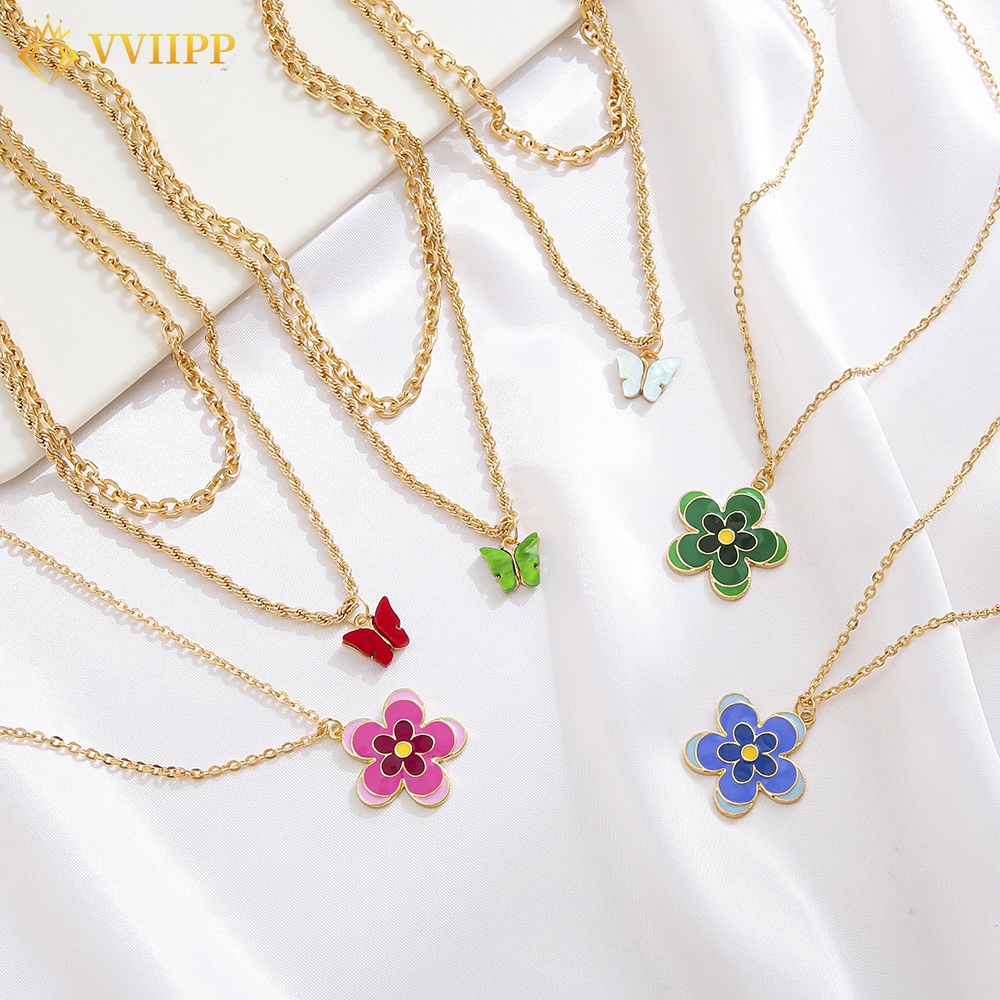 Creative Color Butterfly Pendant Multilayer Necklace Metal Flower Necklace for Women Double Love Heart Jewelry Fashion Accessories