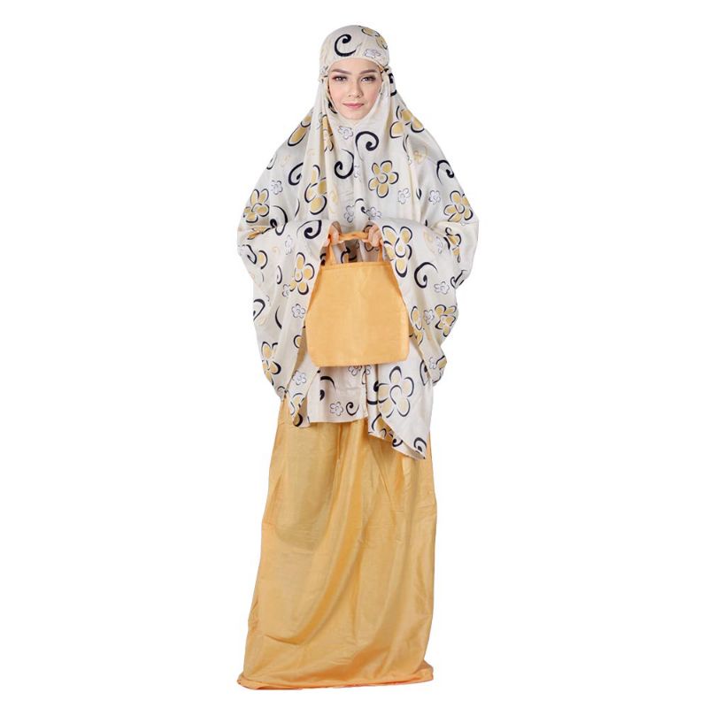 Mukena Sholat Wanita Dewasa Rayon Bali Premium Cantik Adem Putih Kombinasi Kuning