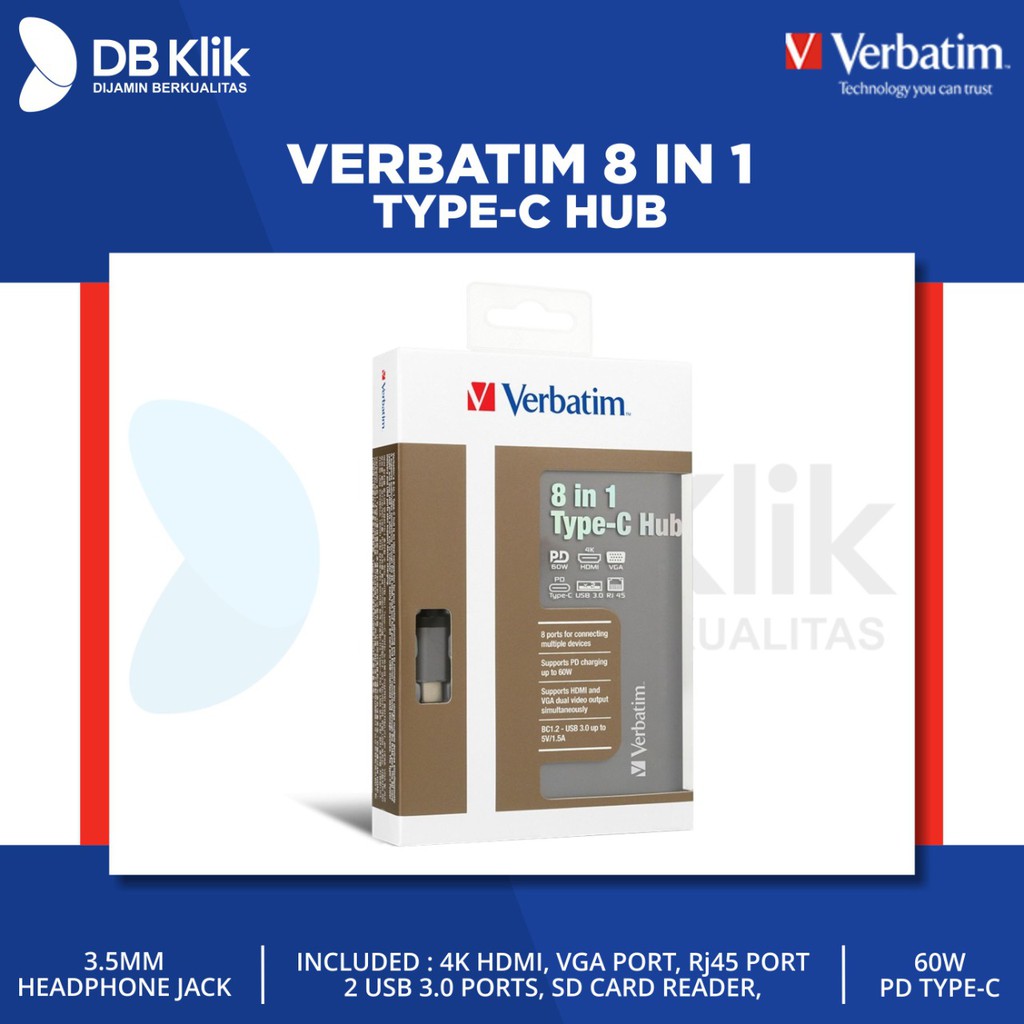 Verbatim Type-C Hub with VGA HDMI RJ45 USB3.0x2 PD 60W SD &amp; Earja