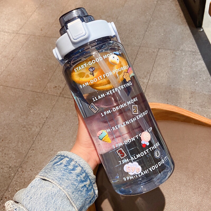 READY STOCK Botol Minum Pastel Sticker Jumbo 2L Seperti Quifit / Botol Reminder / Botol Unik-BLUE BENING
