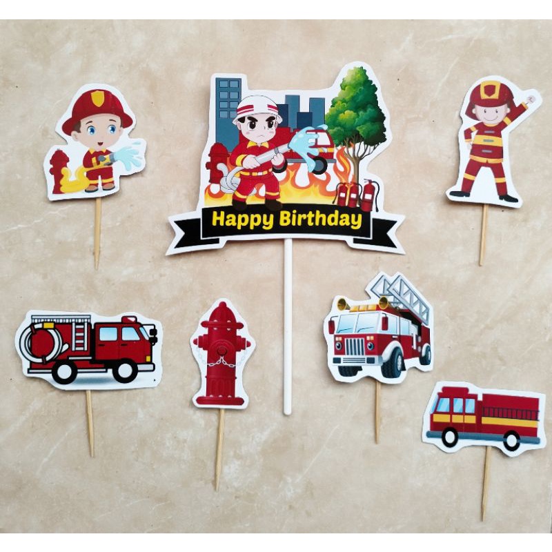 Jual Cake Topper Hiasan Kue Ulang Tahun Hiasan Nasi Tumpeng Satu Set Karakter Fireman Fire