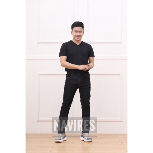 Celana jeans pria panjang slim fit skiny hitam pensil reguler jumbo