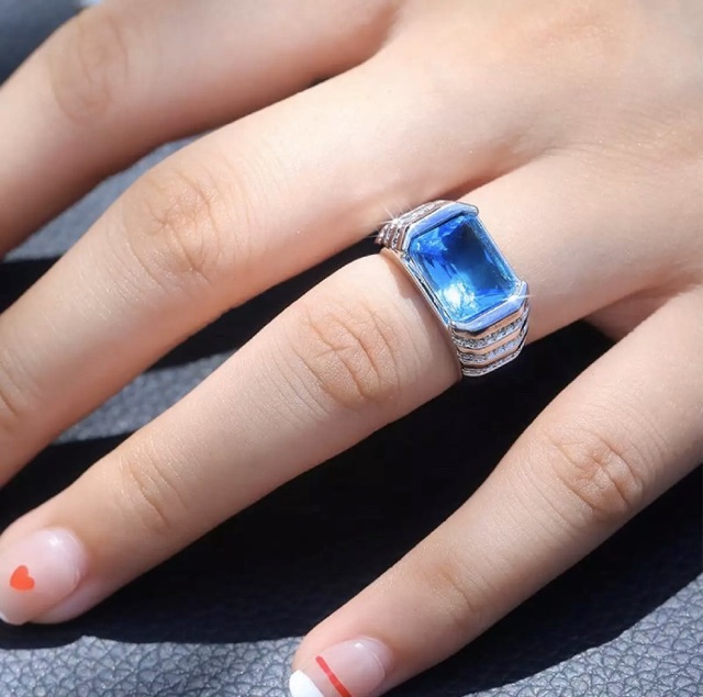 Cincin Pria Perak Topaz Sky Blue Cutting Mewah Berkelas Kantoran Simple Elegan Minimalis