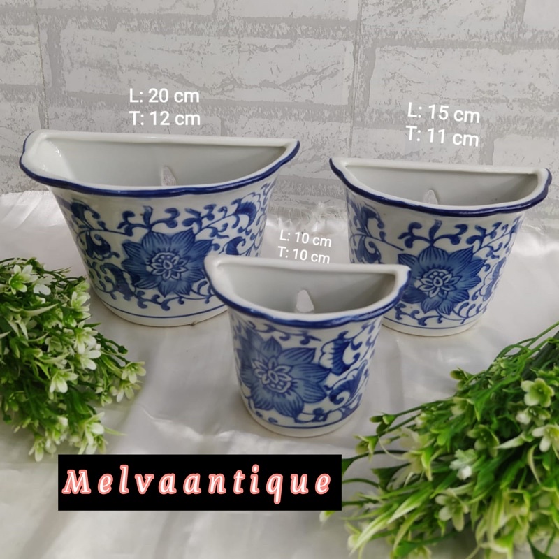 Pot dinding keramik biru putih 1 set isi 3 pcs