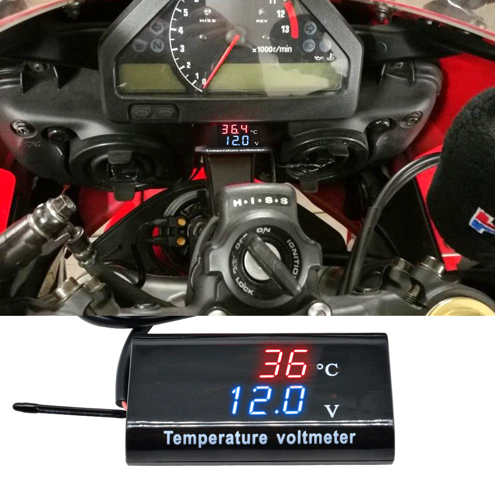 Panel Meter Temperatur Voltmeter Digital Dc 12v Dual Display 0.28 Inch Anti Air Warna Biru/Merah Untuk Mobil/Motor