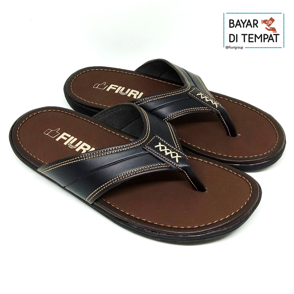 FIURI - Sandal Pria Japit Hitam - Sendal Jepit Casual Kulit Selop Cowok Laki-Laki