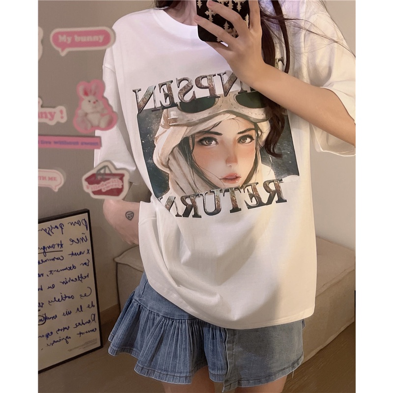 baju wanita kekinian kaos atasan wanita korean style lengan pendek oversize potret printed t shirt