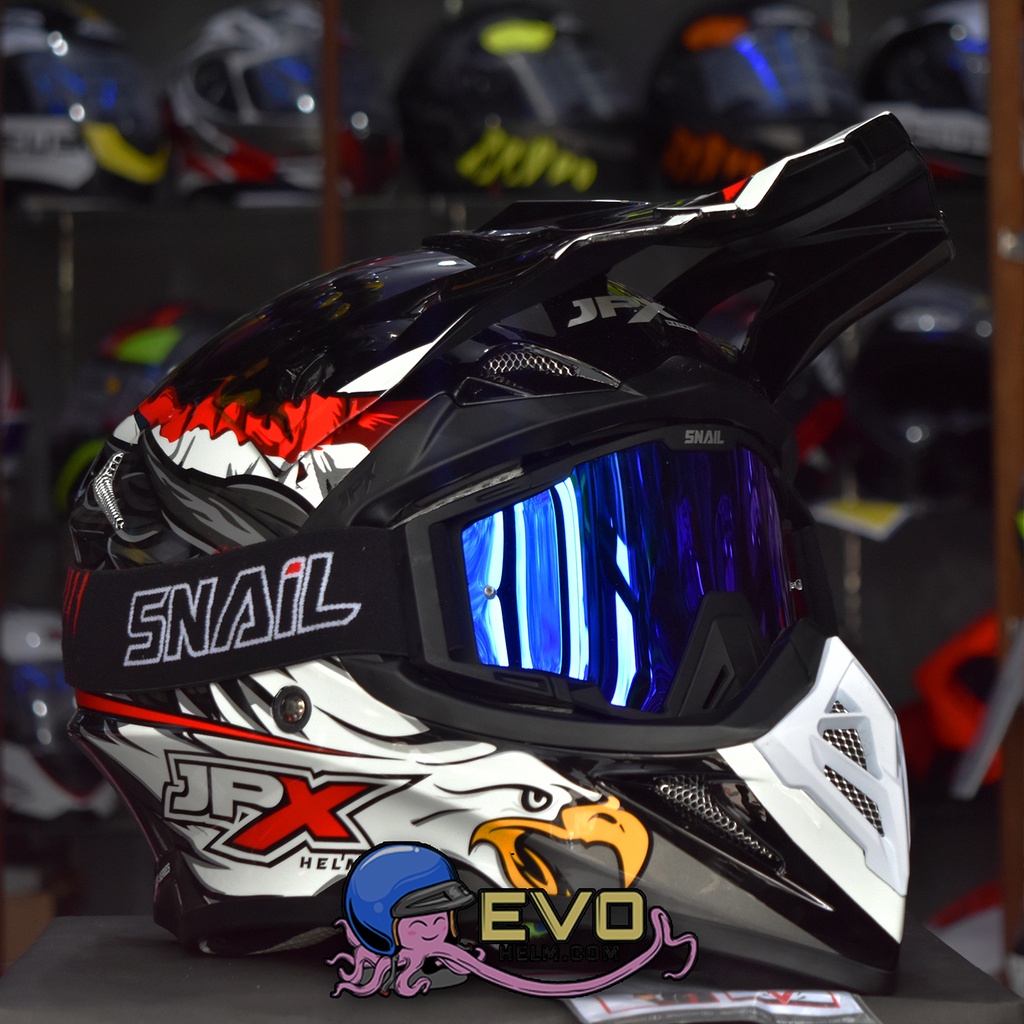 HELM JPX CROSS_FOX1 SERI X39 BLACK GLOSSY SUPERBLACK + GOOGLE SNAIL (ONGKIR 2 KG), PAKET GOOGLE SNAIL ORIGINAL - HELM JPX CROSS PAKET GANTENG JPX FOX1 CROSS HELM JPX TERBARU-MX40 MATT BLACK/BLUE