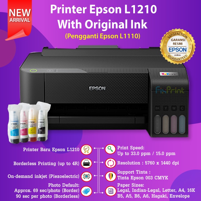 Printer Epson L1210 Pengganti L1110 Print Only Black Tinta 003 C13T00V