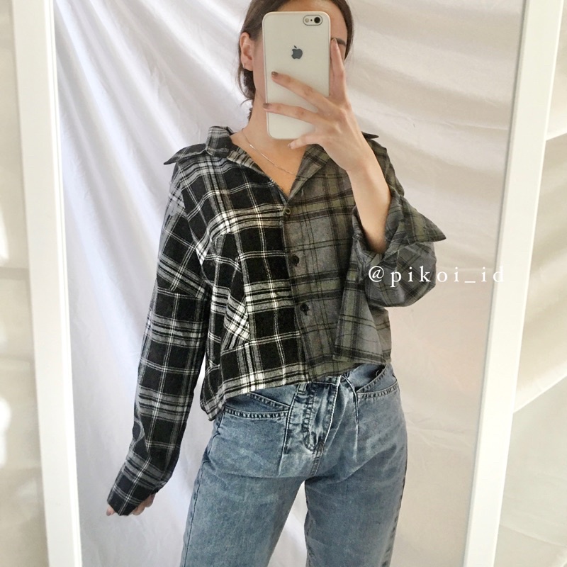 Kemeja flanel crop top kotak kotak kasual / kemeja kotak crop / kemeja crop wanita lengan panjang 46