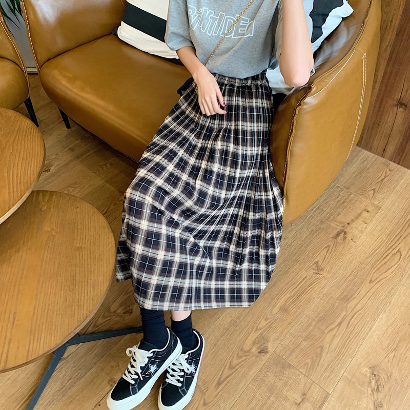 2022 musim panas Versi Korea Retro kisi garis Pinggang tinggi longgar Rok serba cocok