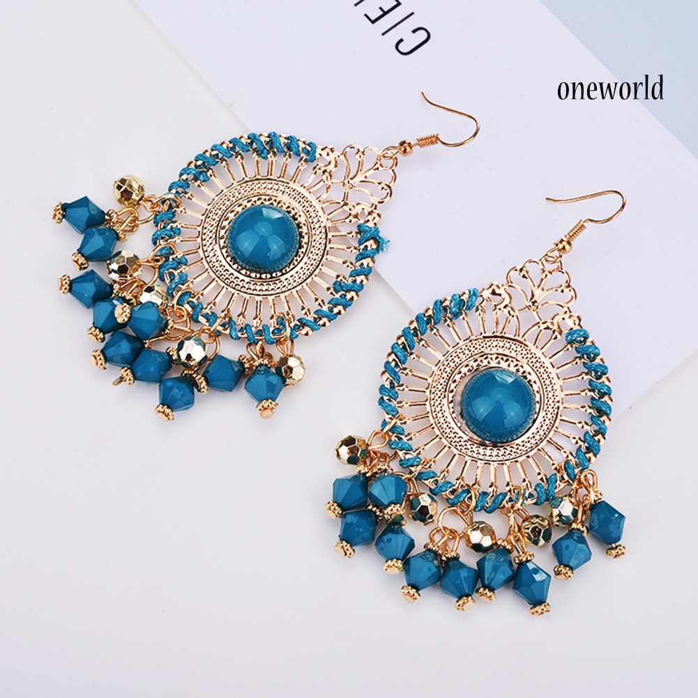 OW@ Bohemia Women Fashion Retro Tassel Beads Round Drop Dangle Hook Earring Jewelry