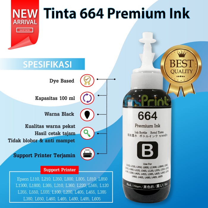 Tinta Premium Epson 664 100ml Pengganti Original L110 L120 L210 L220 L300 L310 L350 L360 L550 L565