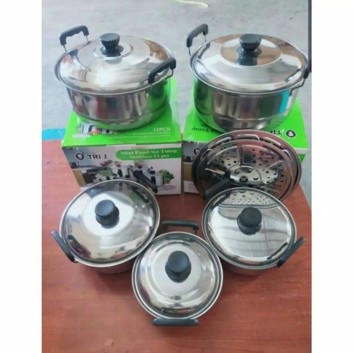 MURAH - Panci set  TriJ 12pcs steamer tutup Kaca bahan stainless steel