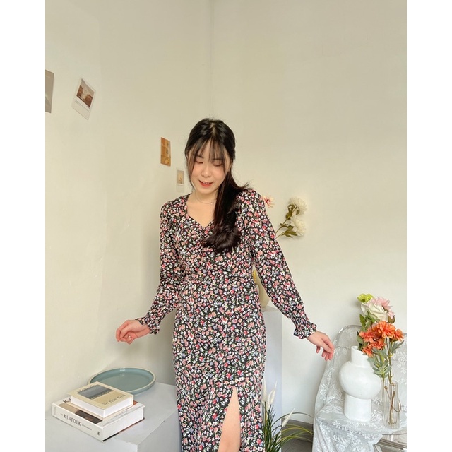 KANON - Yuzuri Floral Dress - Dress midi vintage pantai / musim panas motif bunga