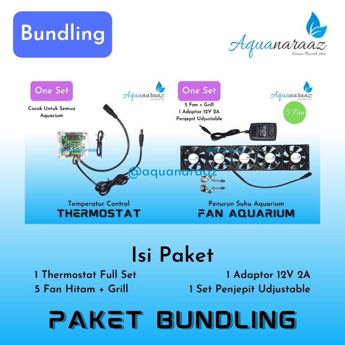 Paket Bundling 5 Fan Aquarium Hitam Plus Grill Dan Thermostat DC 12V Kipas Aquarium AIr Laut Otomati