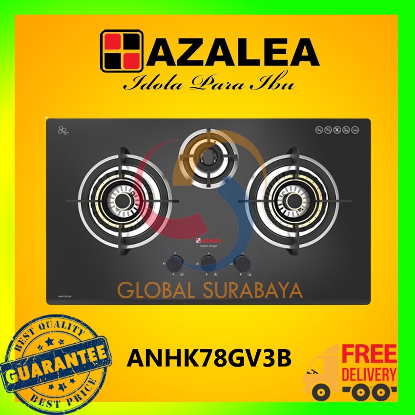 Azalea ANHK78GV3B Kompor Tanam 3 Tungku Gas Hobs dengan Kaca Tempered dan Burner Semi Rapid