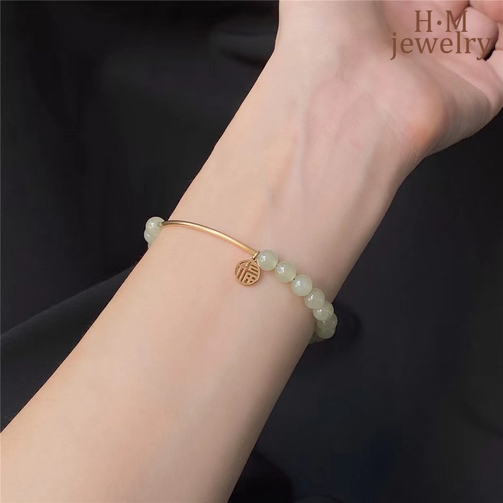 Fu Gelang Tangan Manik-Manik Batu Jade Hetian Bulat Untuk Wanita