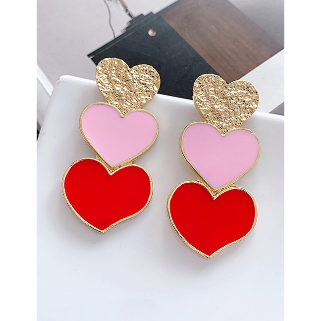 LRC Anting Tusuk Fashion Red Alloy Red Three Love Earrings F54109