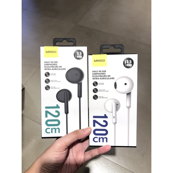 METAL HALF IN EAR EARPHONES MINISO 3,5mm MINISO HEADSET EARPHONE 120cm BLACK WHITE