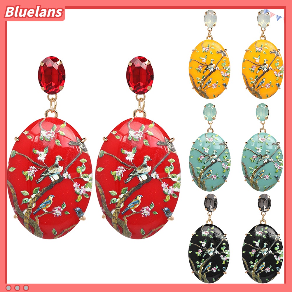 Anting Juntai Bentuk Oval Motif Bunga Dan Burung Bahan Resin Gaya Vintage Untuk Wanita