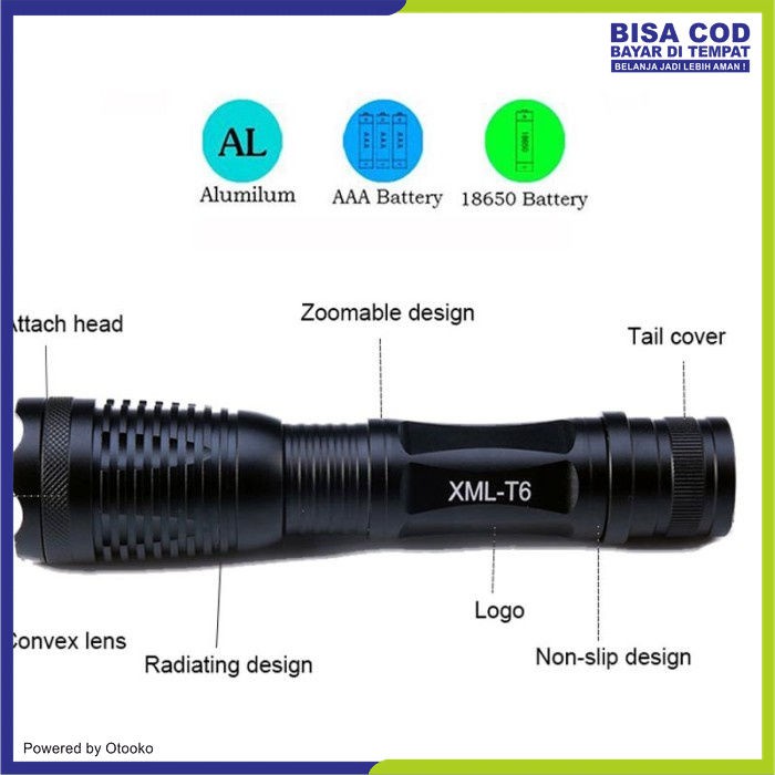 Senter Super Terang Tactical Zoom LED Cree XM-L T6 Max 8000L F18