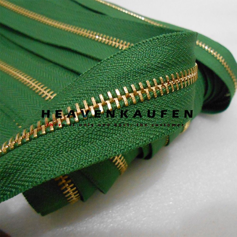 Resleting Zipper Gigi Besi Warna Hijau Army Hijau TNI - Emas Muda Gold Muda No 5 Meteran