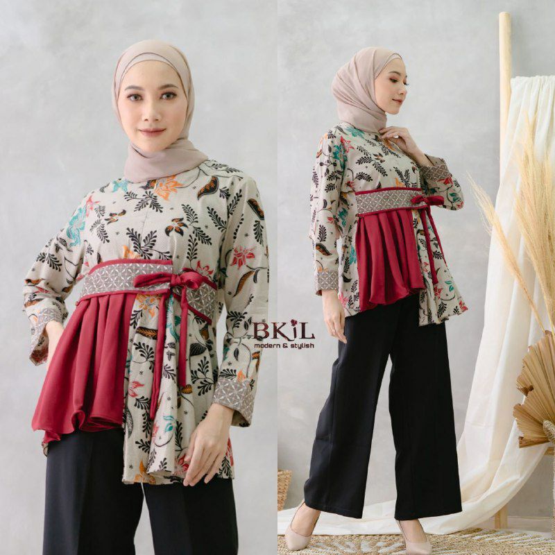 Atasan Blus Batik Retro Vintage Cewek Kekinian Lengan 3/4 Bahan katun halus Cantik Kerja ibu Kantoran